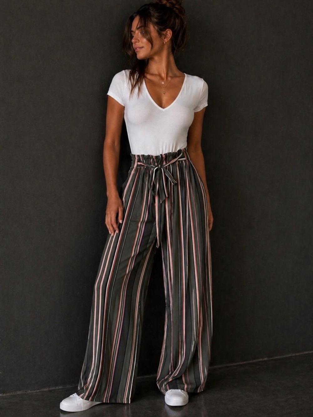 White V-Neck Tie Waist Wide Leg Jumpsuit Striped Pants Casual Chic Size S